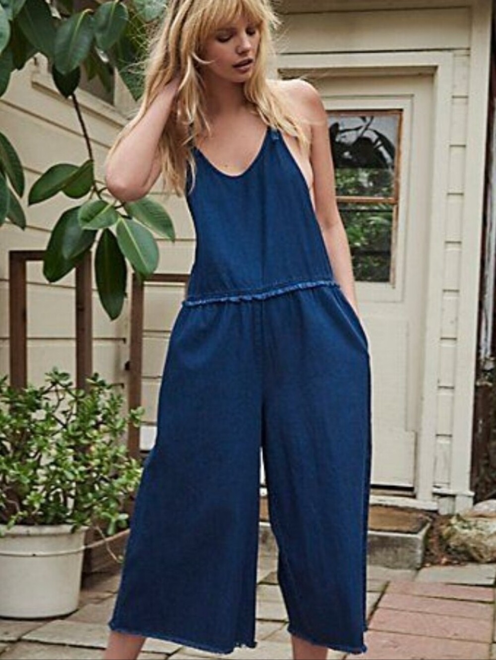 Free People Denim Racerback Wide-leg Crop Jumpsuit Size XS Dark Wash